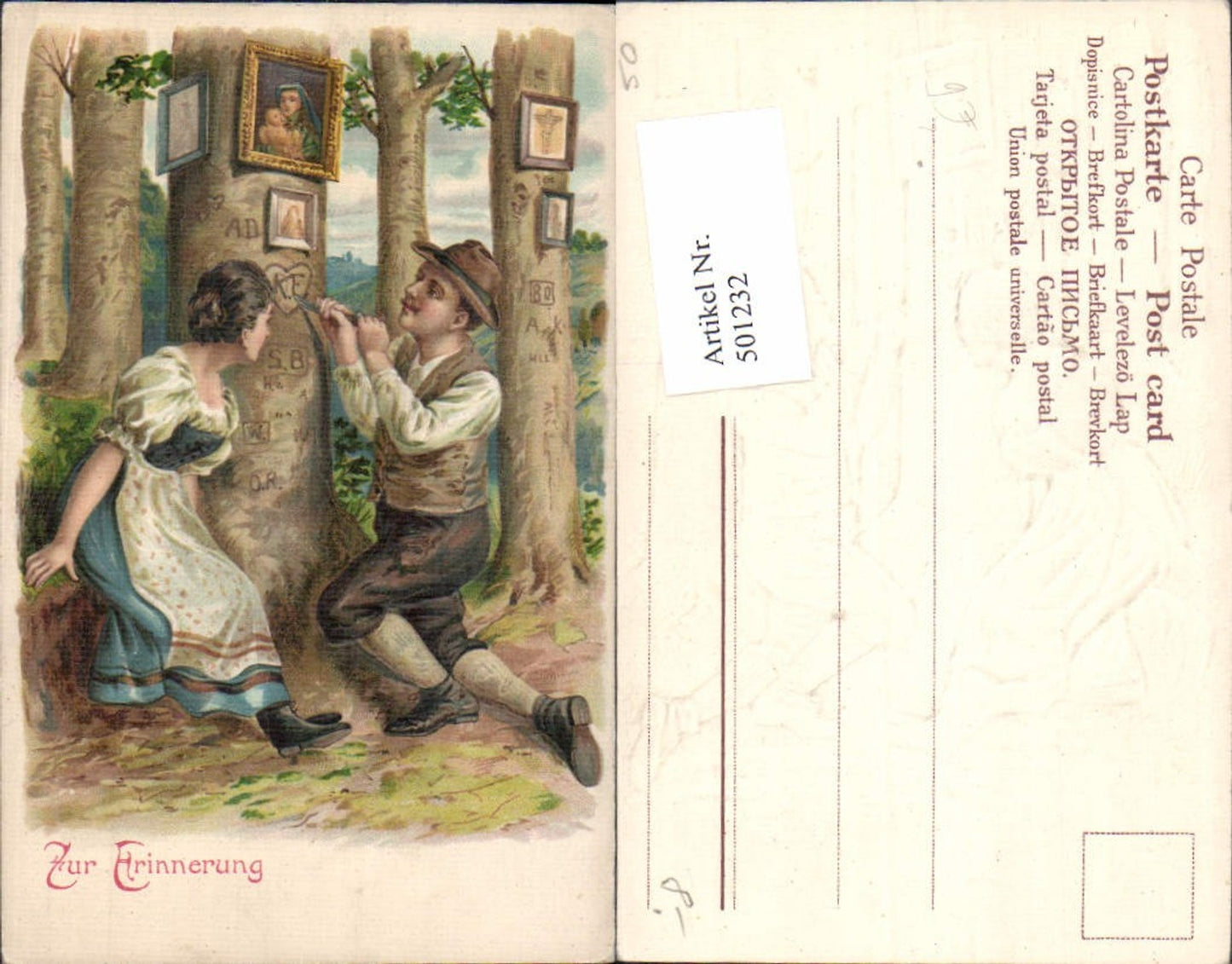 501232,Präge Litho Paar Liebe Mann sitzt Initialen i. Baum Zur Erinnerung