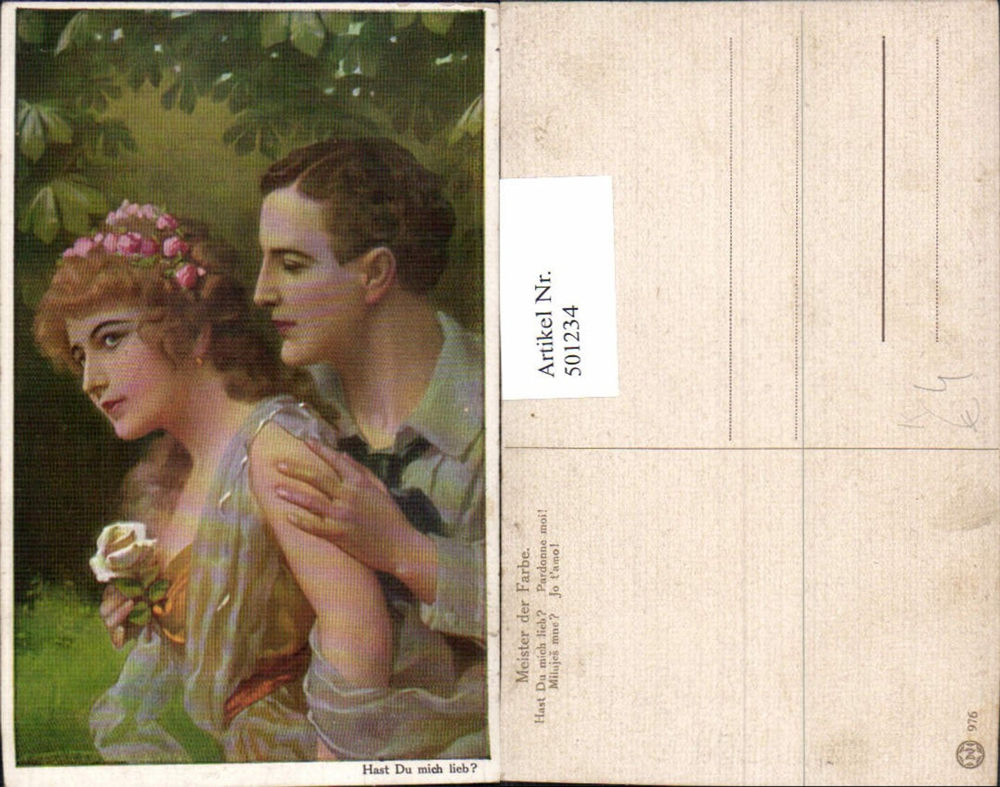 501234,Künstler Ak Hast du mich lieb Paar Liebe Rose Blume
