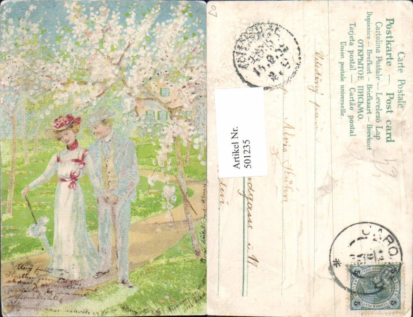 501235,Präge Litho Paar Liebe Spaziergang