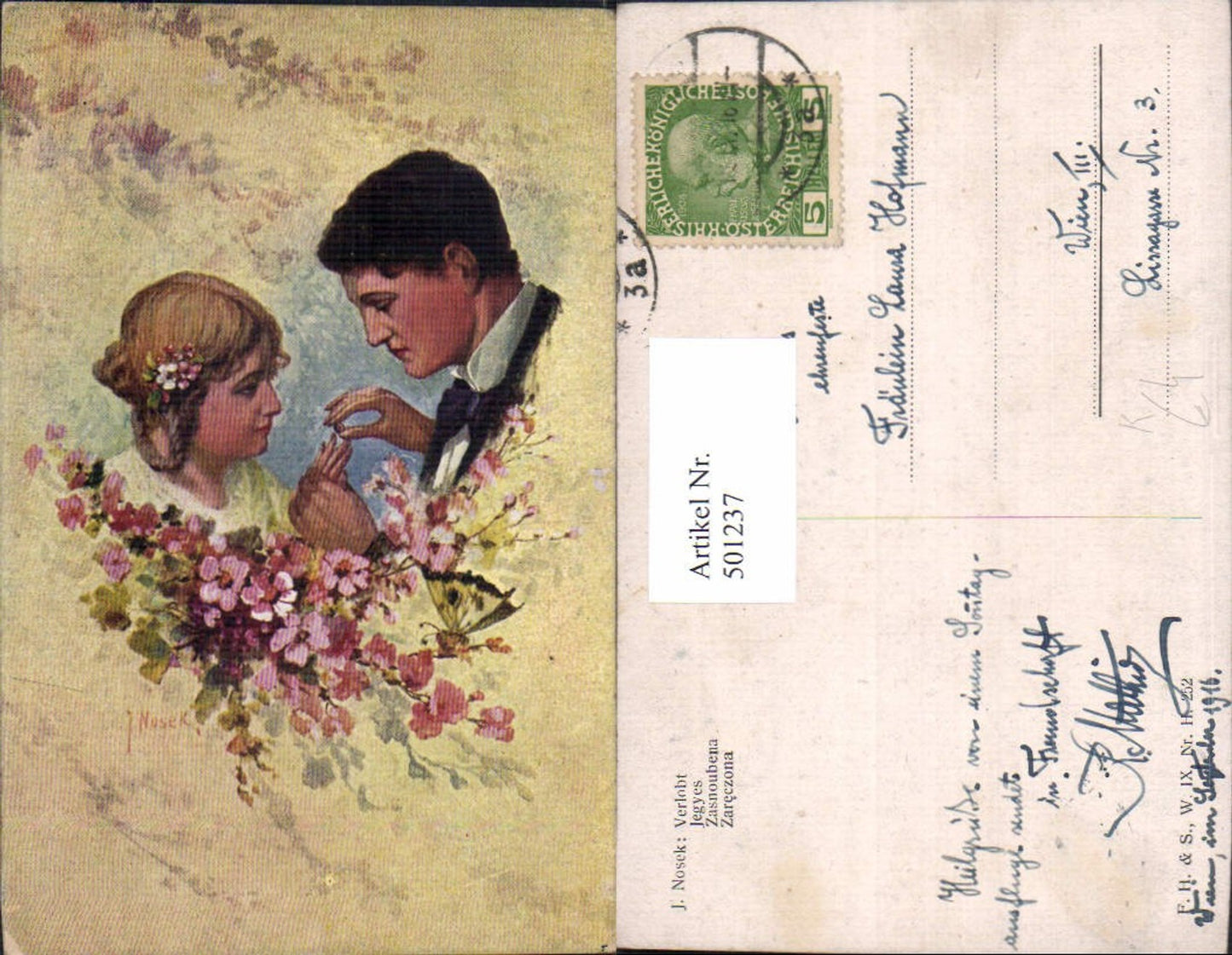 501237,Künstler Ak J. Nosek Verlobt Paar Liebe Ring Verlobung