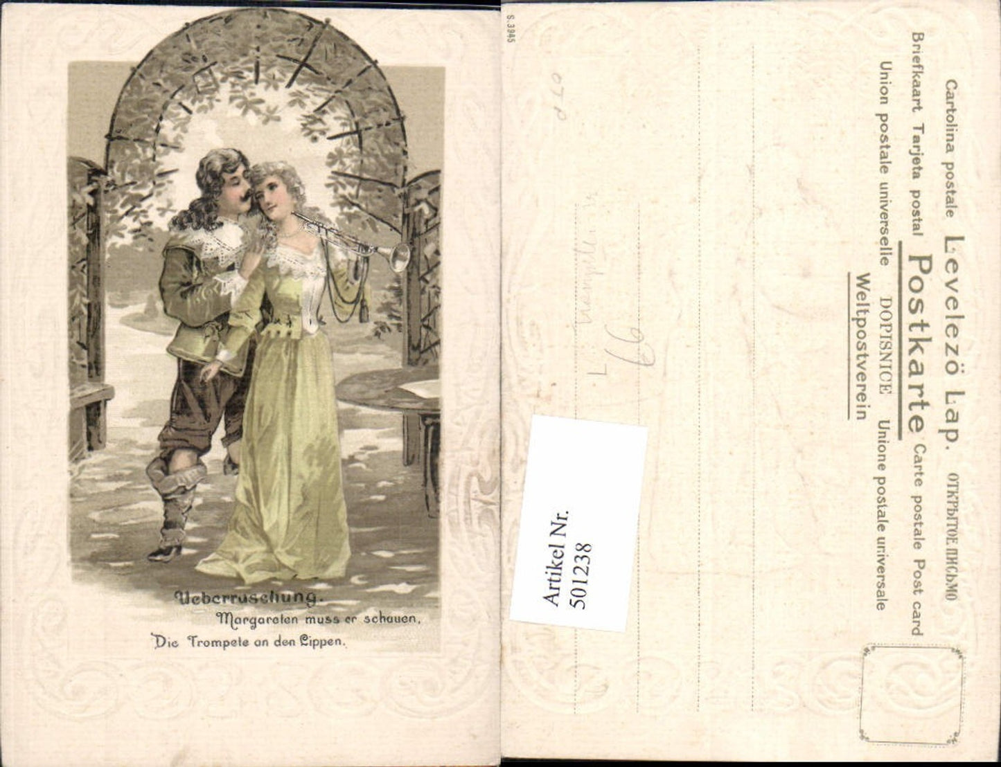 501238, Embosser Lithograph Couple Love Trumpeters from Säckingen Surprise