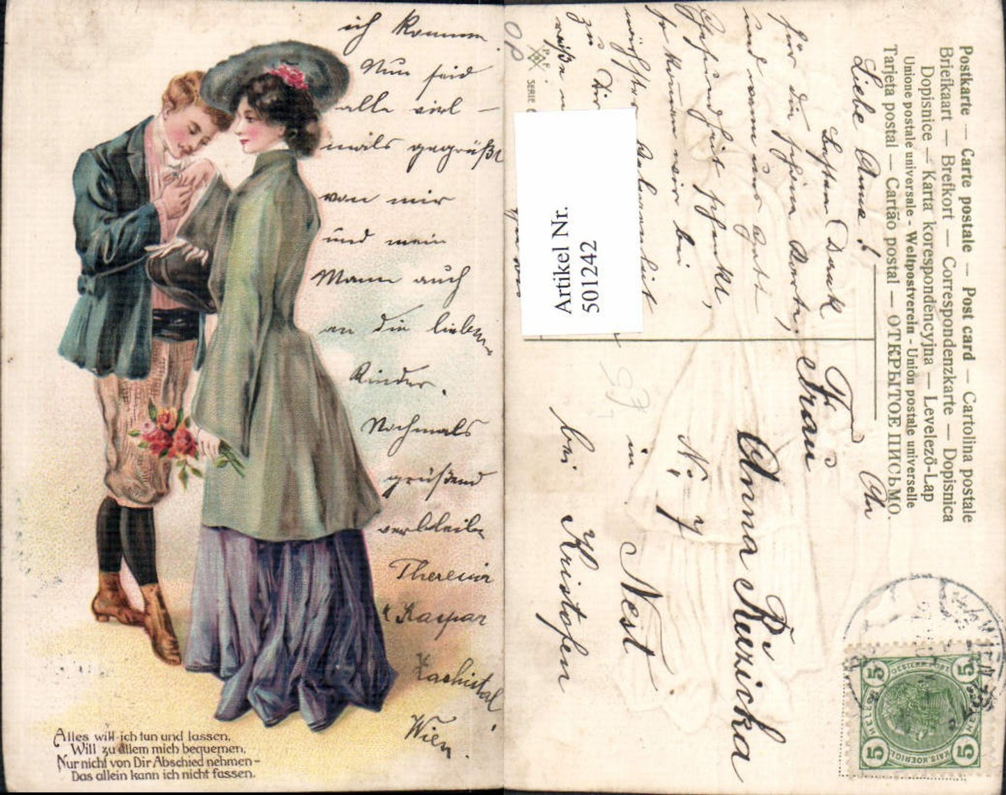 501242,Präge Litho Paar Liebe Handkuss Blumen Spruch Text