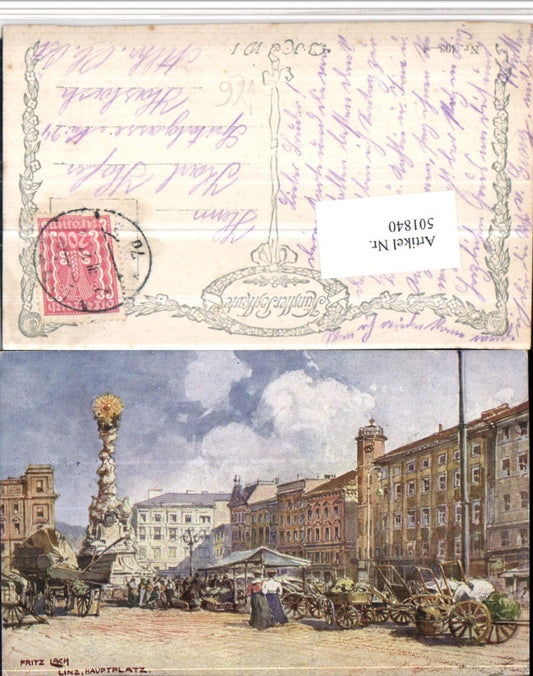 501840,Künstler AK Fritz Lach Linz Hauptplatz Pestsäule pub B.K.W.I. 403/4