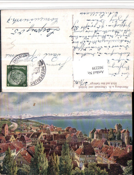 502239,Künstler AK Meersburg am Bodensee Totale m. Schloss Bergkulisse