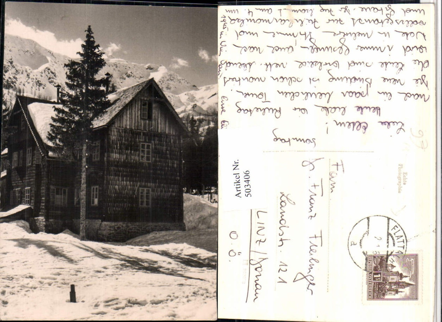 503406,Foto AK Flattach Haus Berghütte Bergkulisse Winterbild