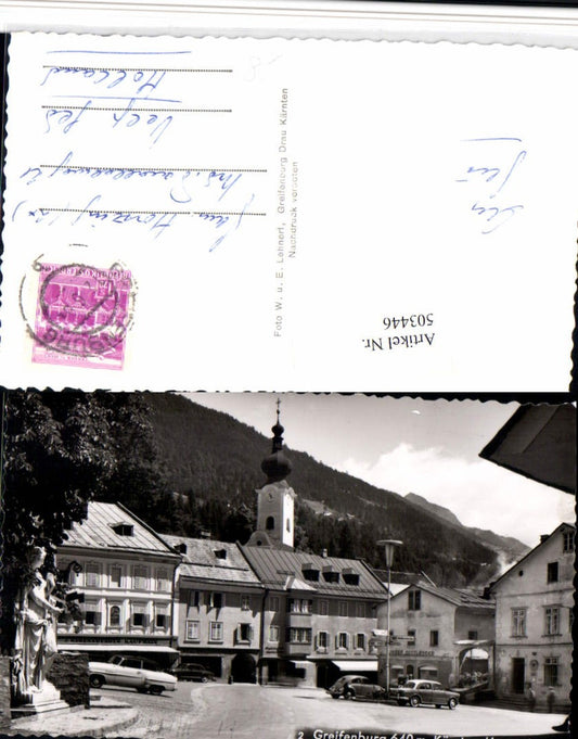 503446,Greifenburg Hauptplatz VW-Käfer Kirchenturm