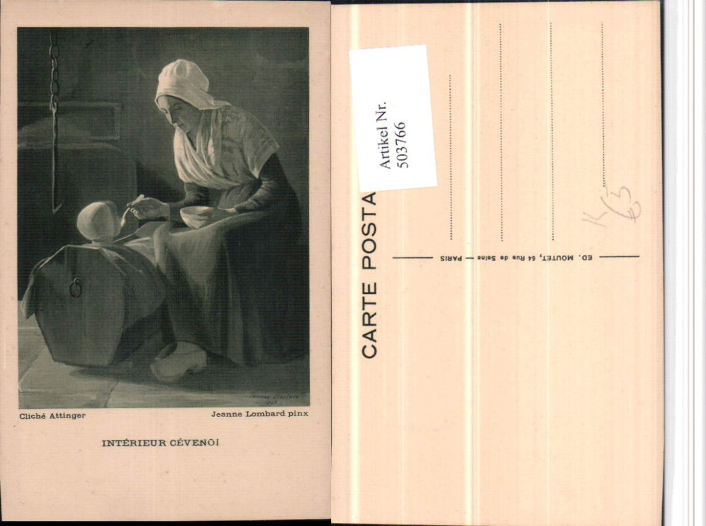 503766,Künstler AK Jeanne Lombard Interieur Cevenoi Frau Mutter Kind Wiege