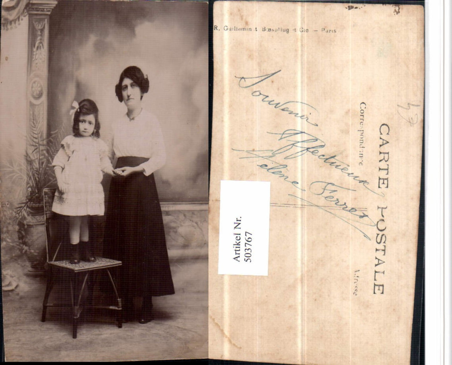 503767,Foto AK Frau Mutter m. Kind Tochter Stuhl Sessel