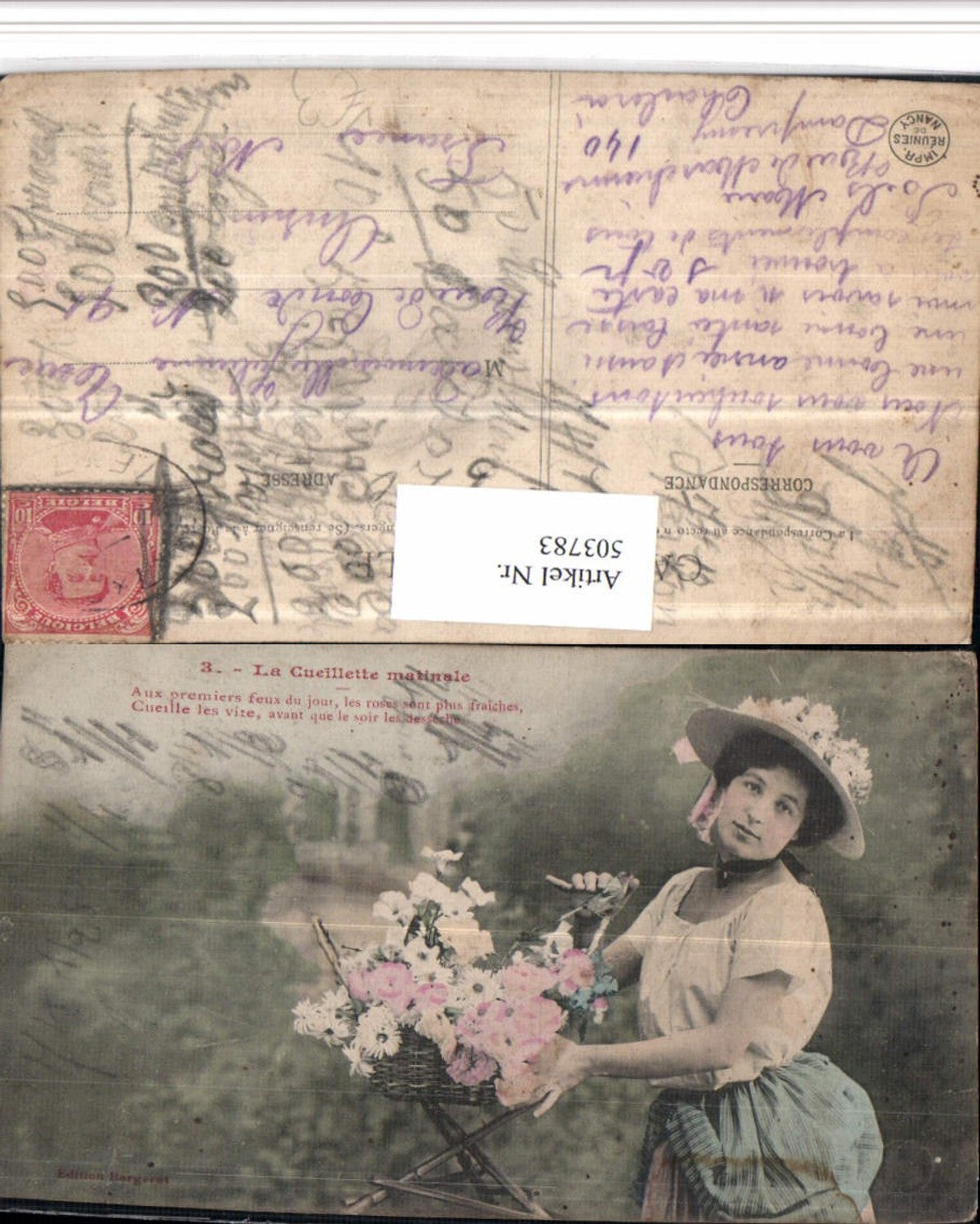 503783,La Cueillette matinale Frau m. Hut Blumen pub Reunies de Nancy