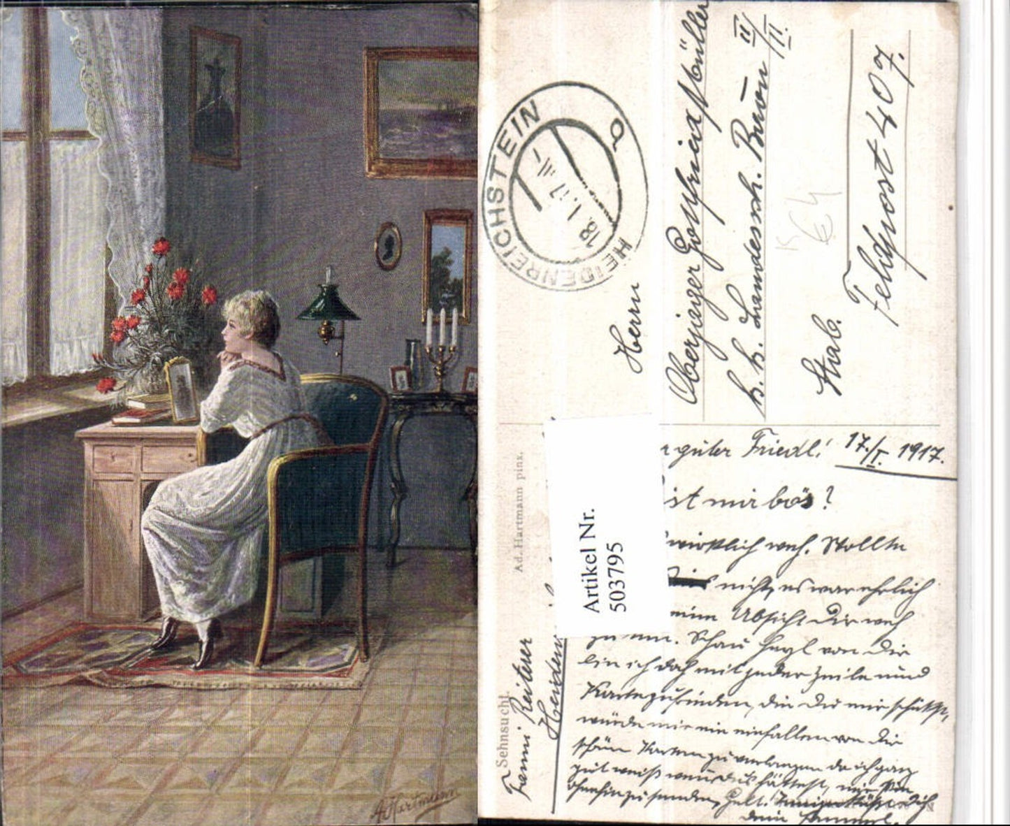 503795,Künstler AK Ad. Hartmann Sehnsucht Frau Kleid Stuhl Fenster