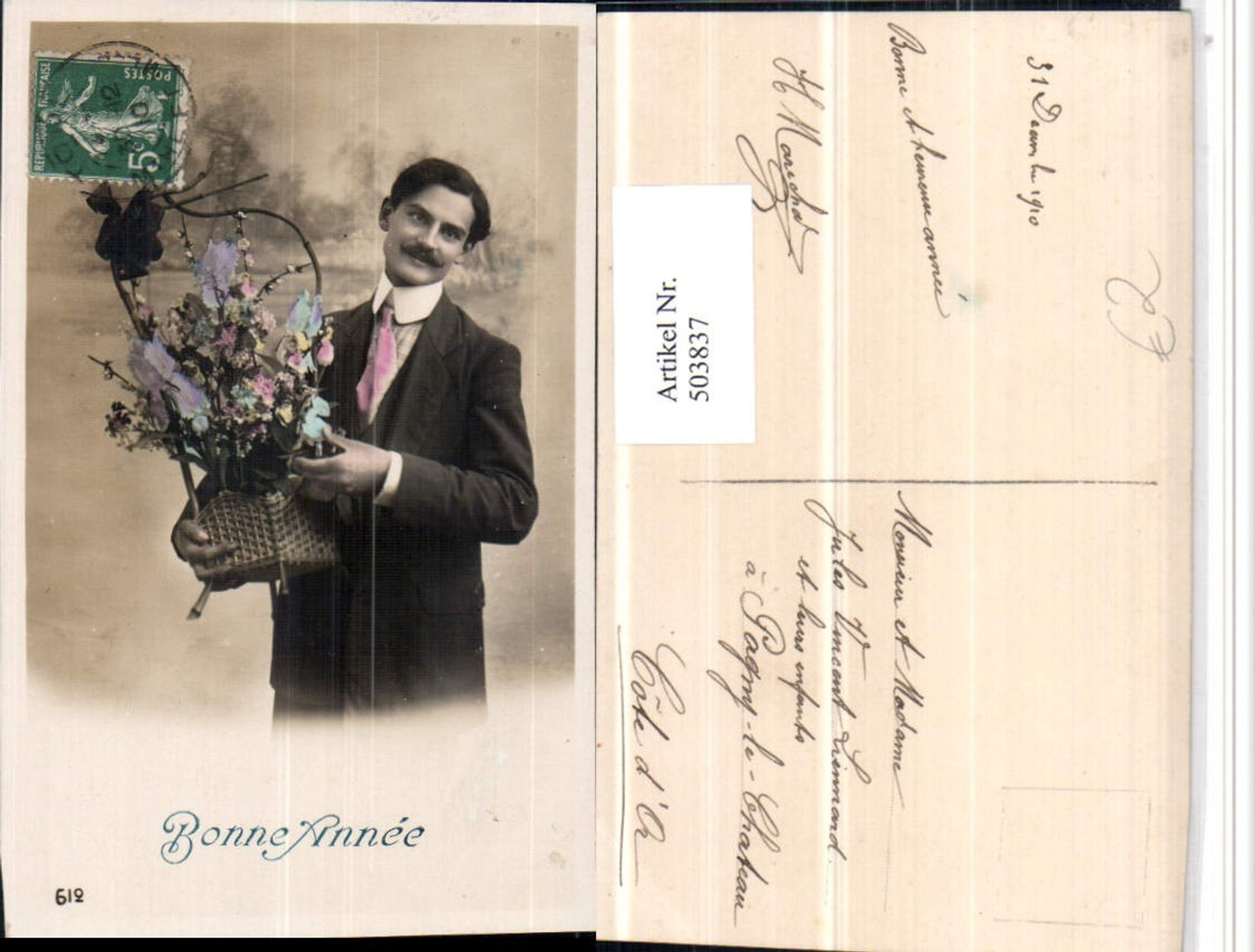 503837,Bonne Annee Mann m. Bart Anzug Korb Blumen