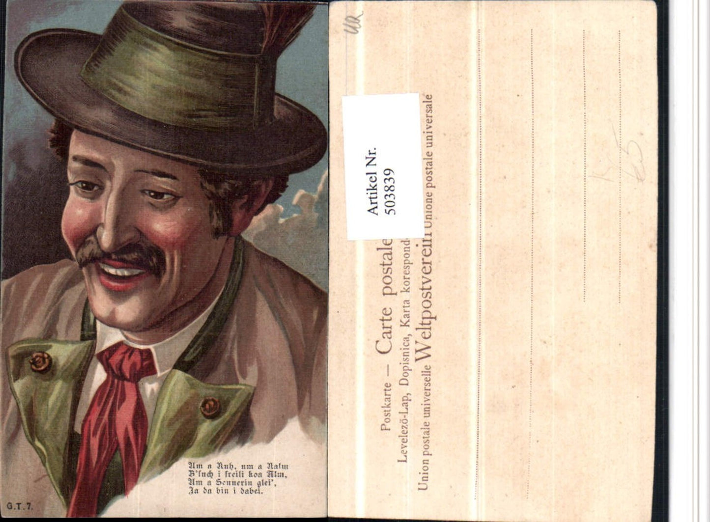 503839,Künstler AK Mann m. Bart Federhut Hut Portrait Spruch