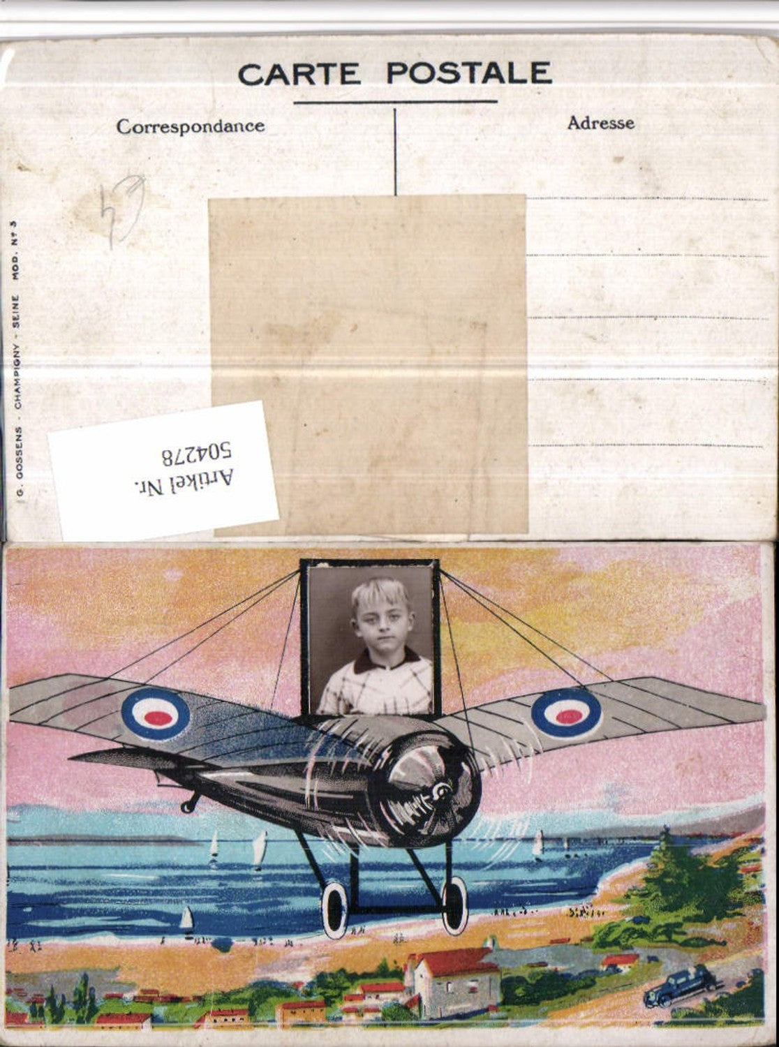 504278,Fotomontage Kind Portrait Segelflieger Flugzeug Meer Strand