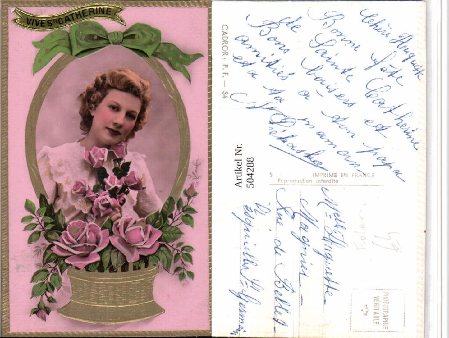 504288,Präge AK Ste Catherine Fotomontage Frau Portrait Rosen Korb