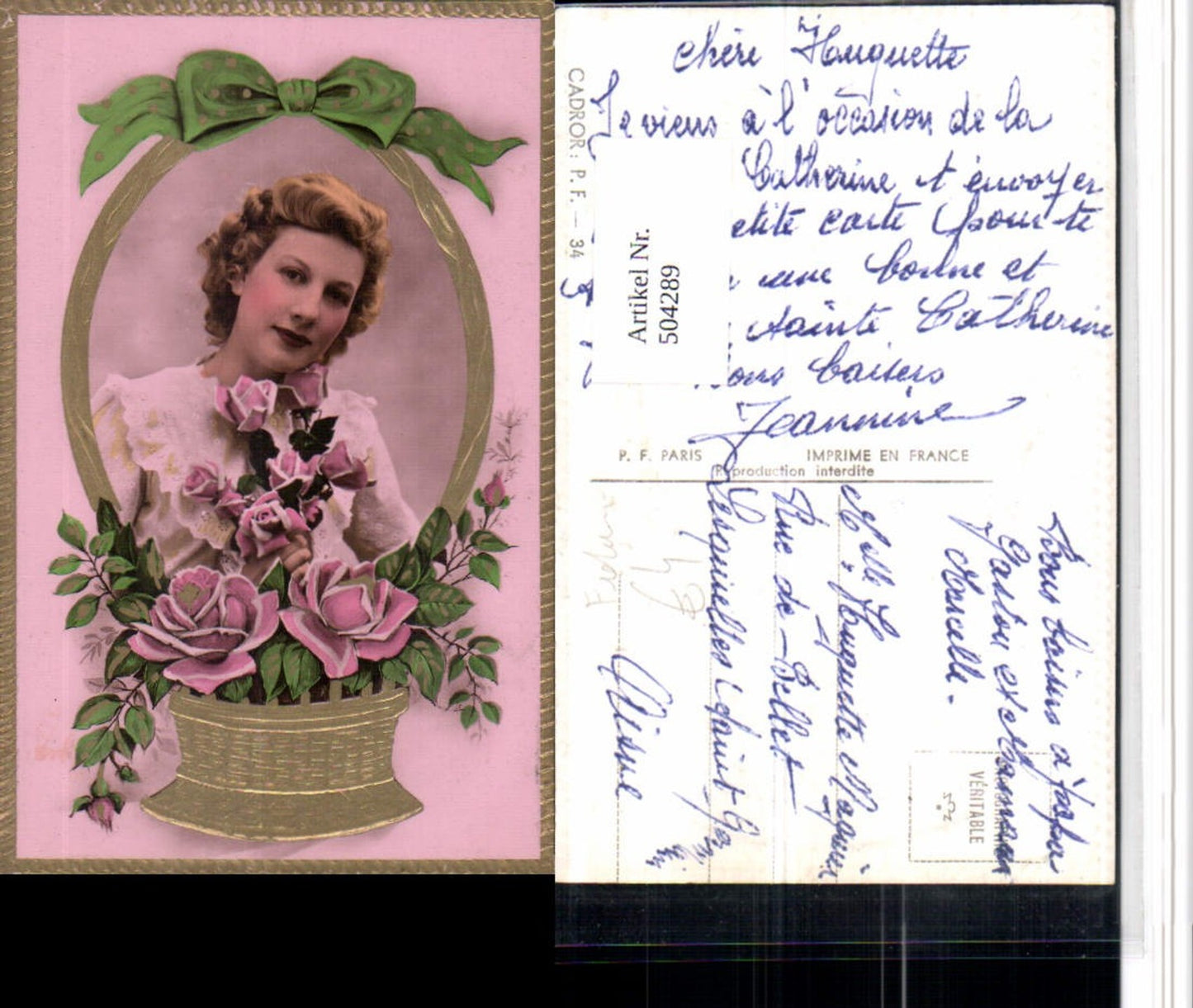 504289,Präge AK Fotomontage Frau Portrait Korb Rosen Schleife