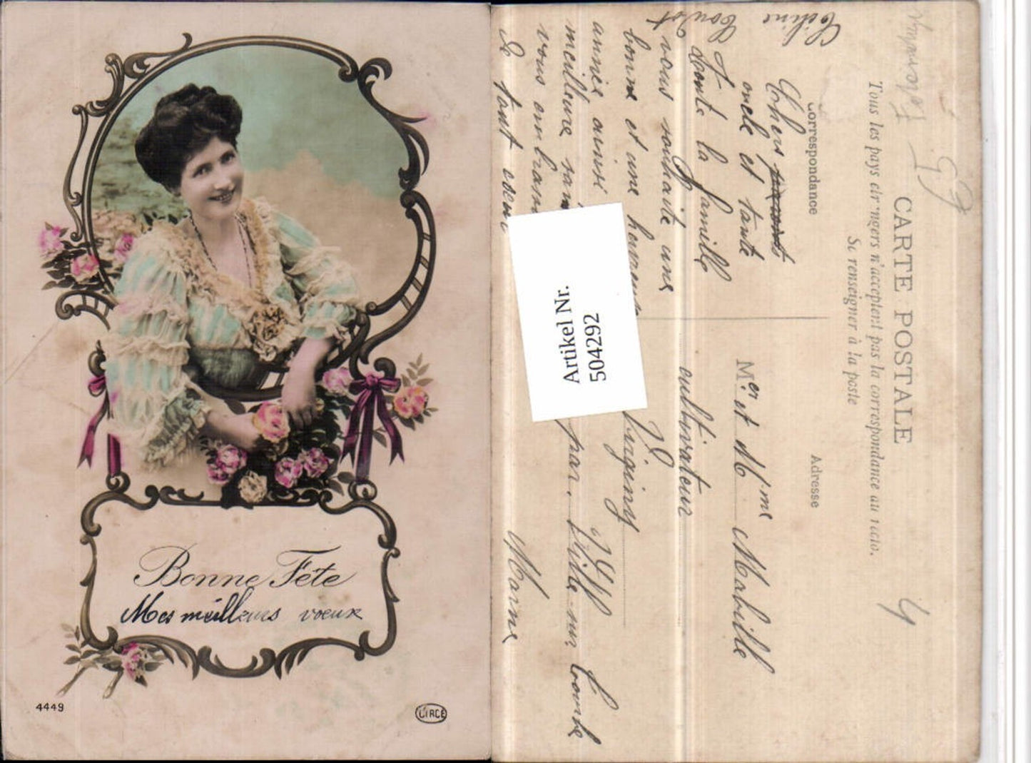 504292,Bonne Fete Fotomontage Frau Passepartout Rosen