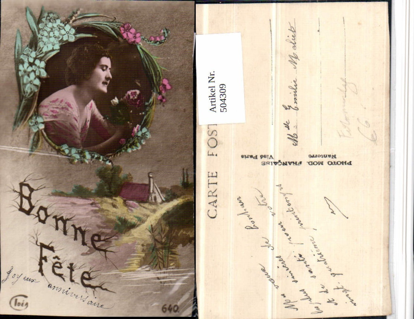 504309,Bonne Fete Fotomontage Landschaft Frau Passepartout Blumen
