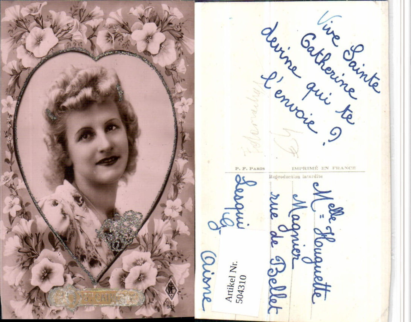 504310,Glitzer AK Fotomontage Frau Portrait Passepartout Herz Blumen