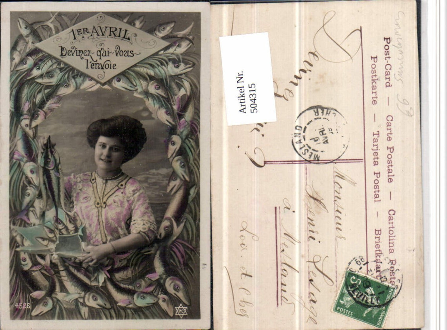 504315,1. April Surrealismus Fotomontage Frau Passepartout Fische