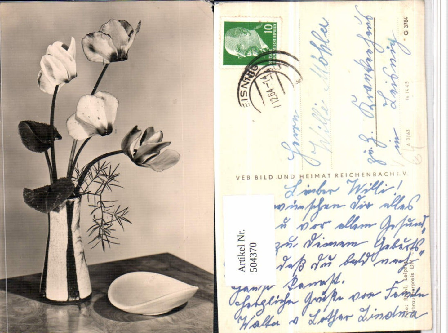 504370,Fotokunst VEB Reichenbach Alpenveilchen Blumen Vase