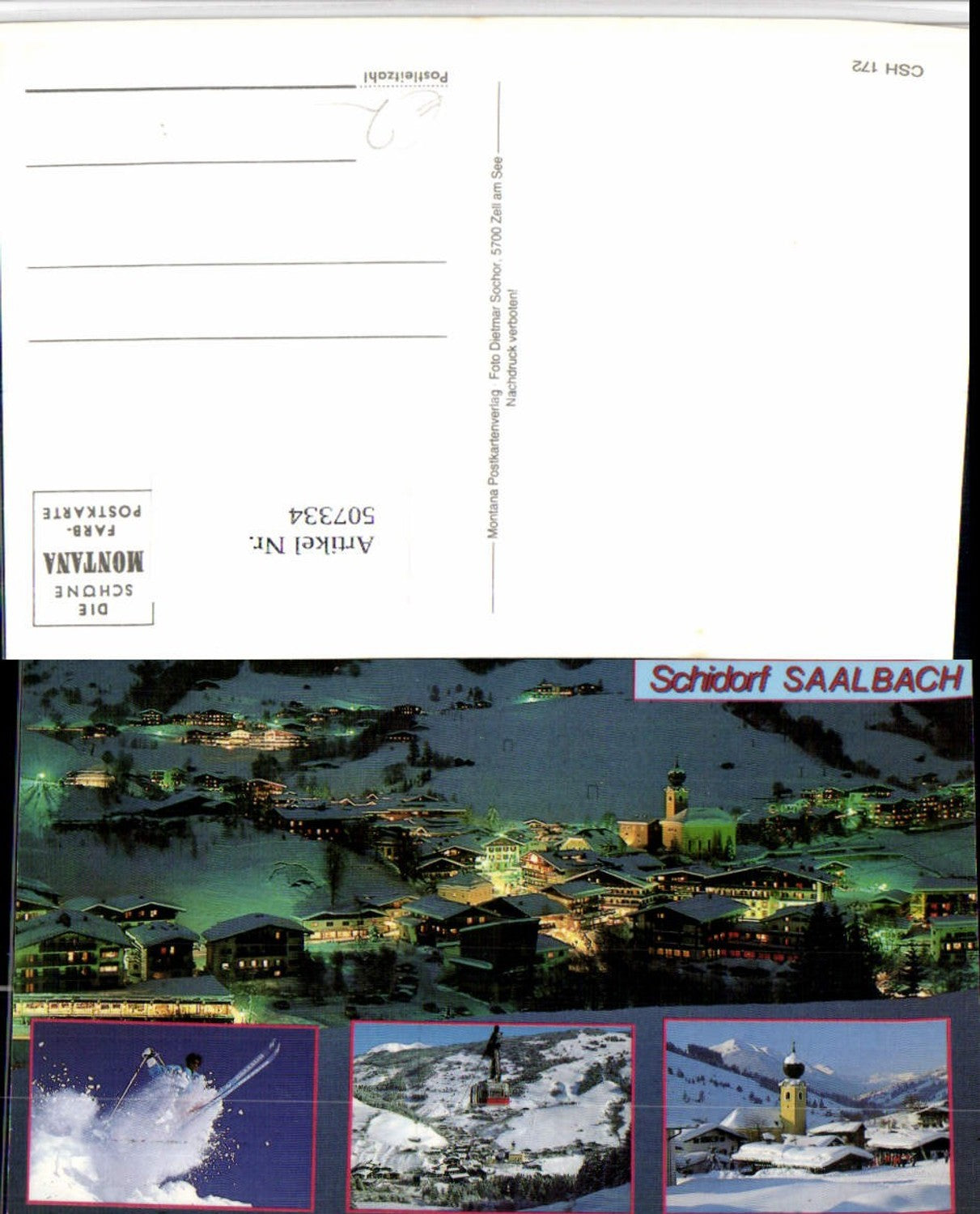 507334,Saalbach Totale Kirche Seilbahn Skifahrer Winterbilder Mehrbildkarte