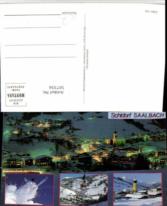 507334,Saalbach Totale Kirche Seilbahn Skifahrer Winterbilder Mehrbildkarte