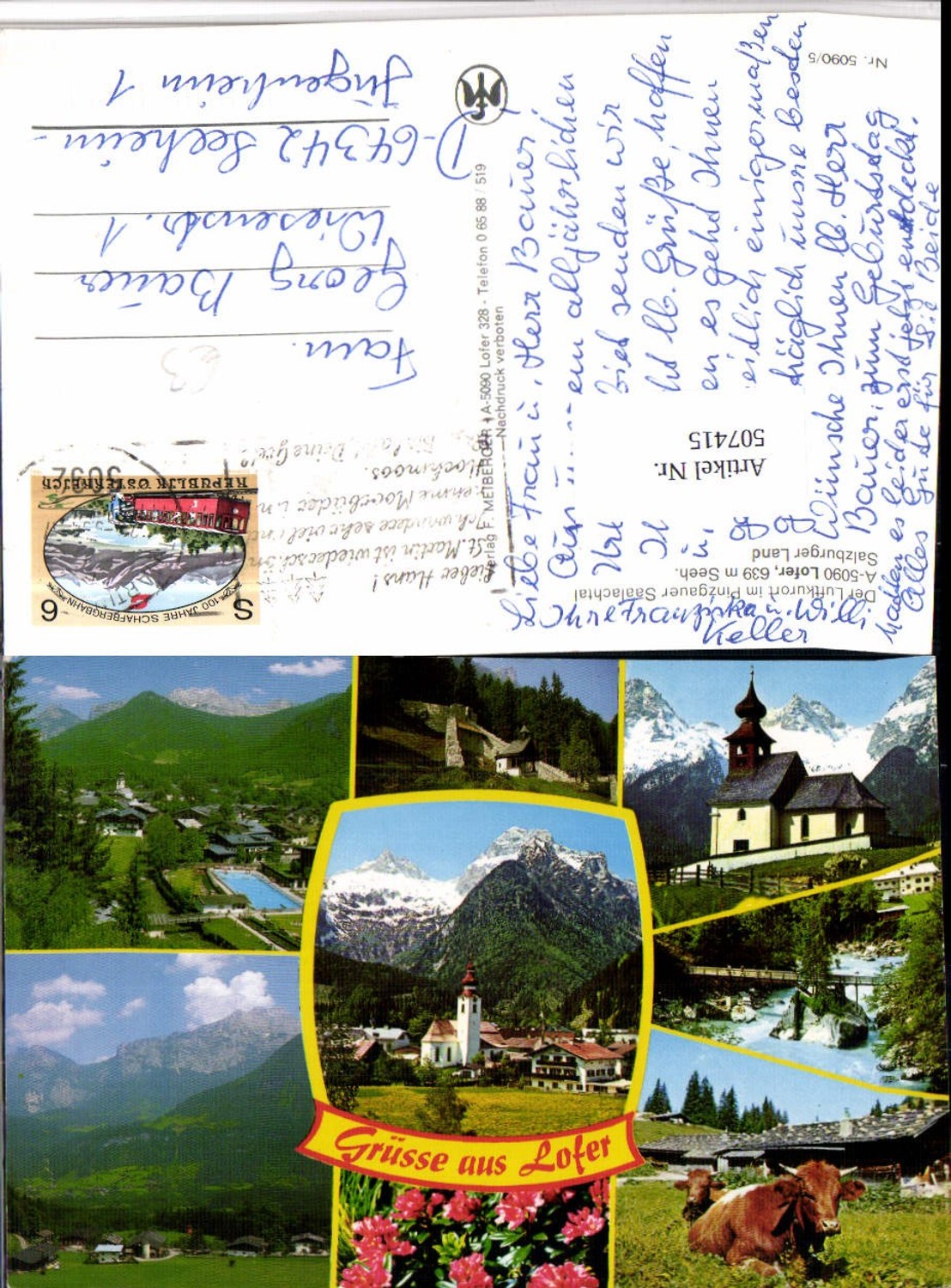 507415,Lofer Totale Kirche Freibad Rinder Mehrbildkarte