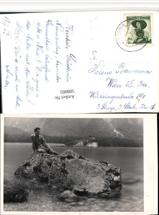 508005,Foto AK Königssee See b. Schönau St. Bartholomä Mann Felsen