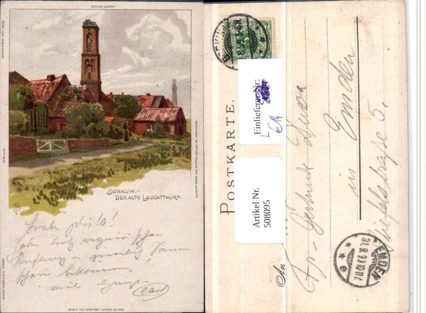 508095,Künstler Litho Borkum Der alte Leuchtturm
