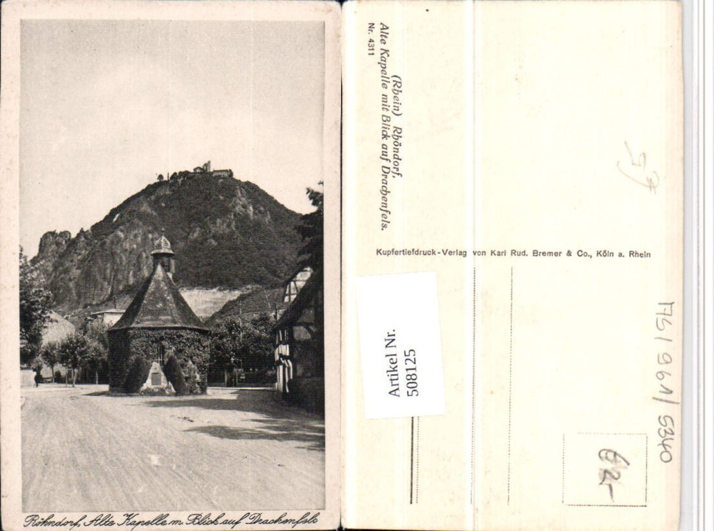 508125,Röhndorf b. Bad Honnef Alte Kapelle m. Blick auf Drachenfels