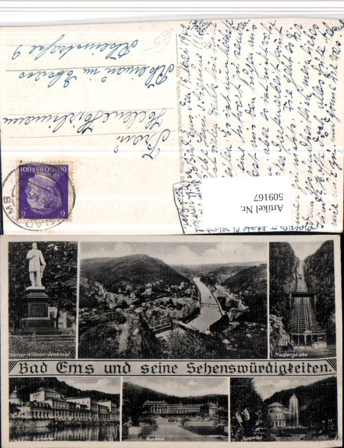 509167,Bad Ems Totale Malbergbahn Kurgarten Kurhaus Denkmal Mehrbildkarte