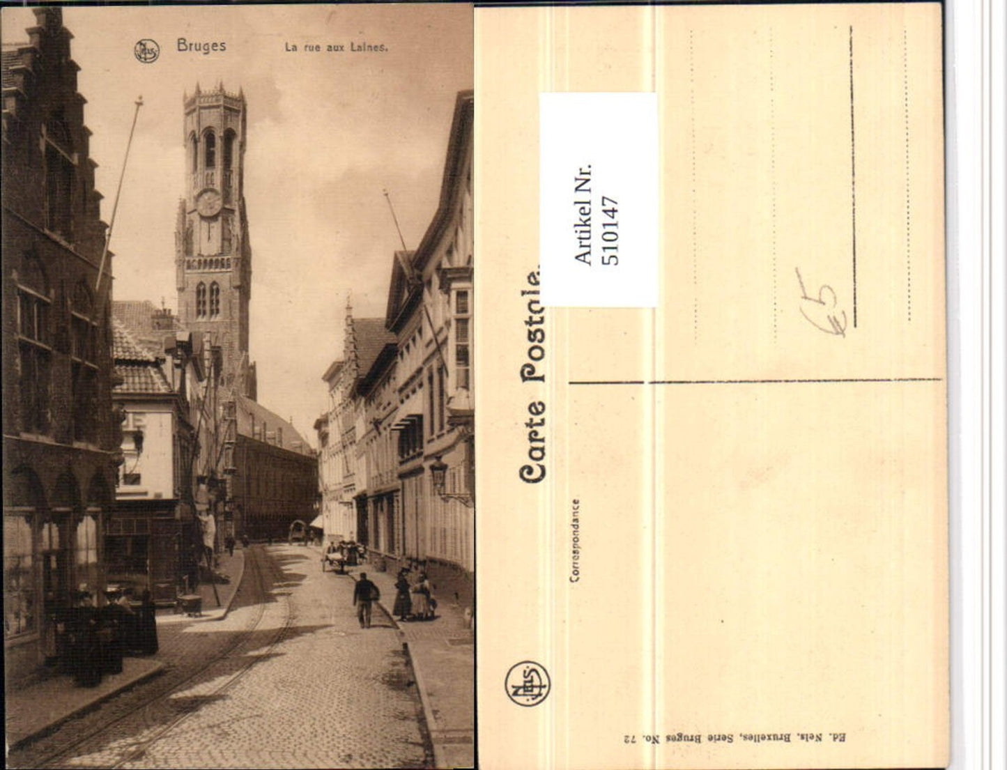 510147,Belgium Bruges Brügge La rue aux Laines Straßenansicht Turm