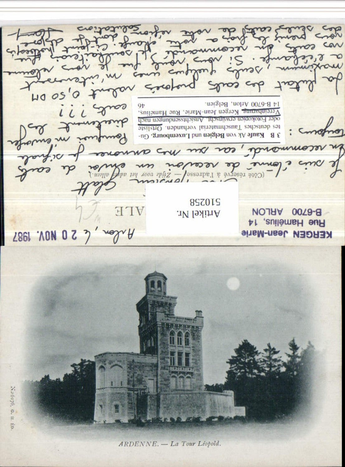 510258,Belgium Ardenne b. Namur La Tour Leopold Turm Mondschein