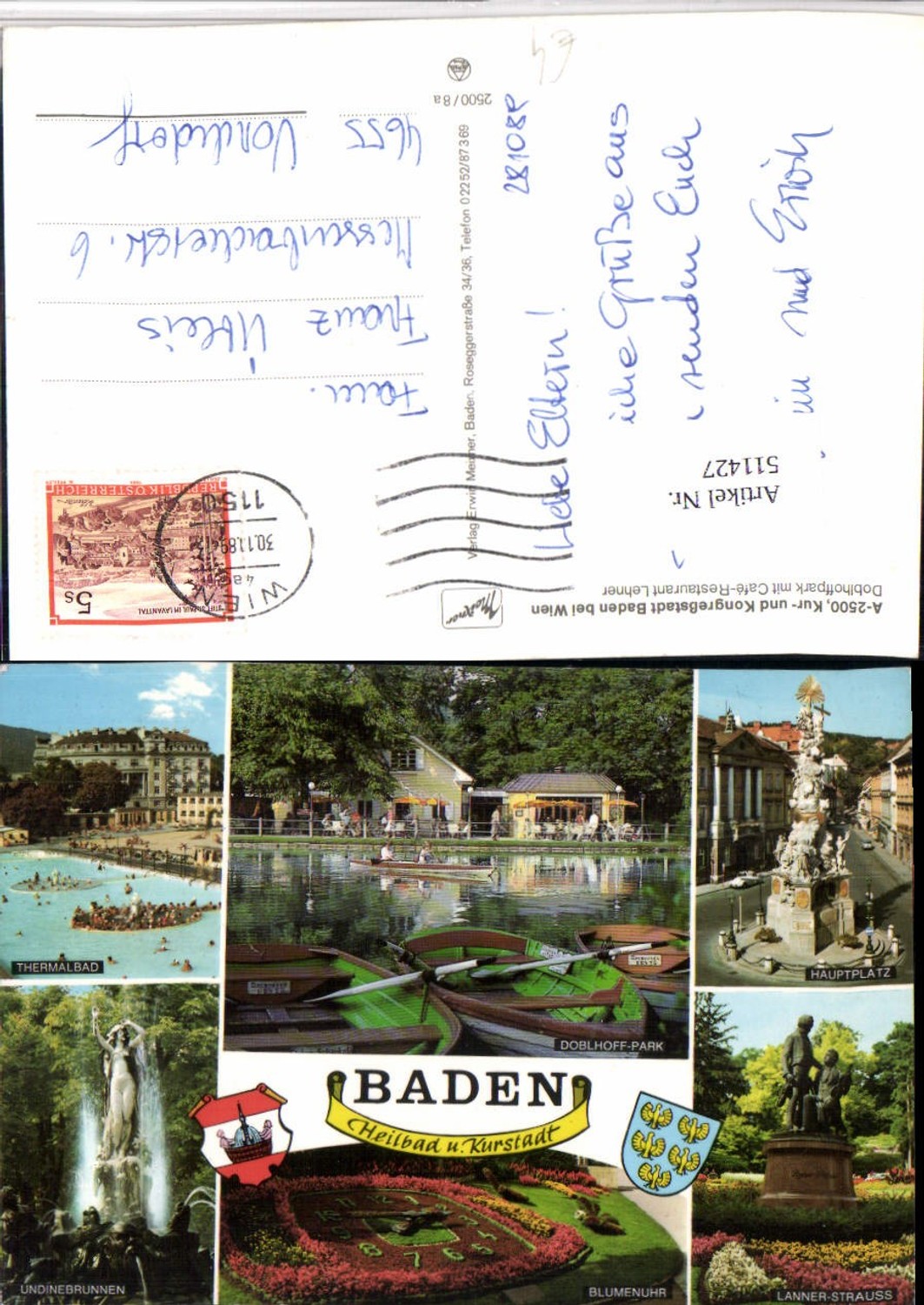 511427,Baden b. Wien Pestsäule Blumenuhr Doblhoff-Park Mehrbildkarte