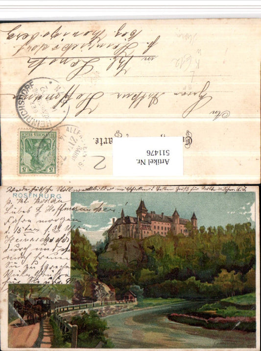 511476,Künstler Litho Rosenburg Schloss Kutsche Bahnpost Zug 755 Allenstein