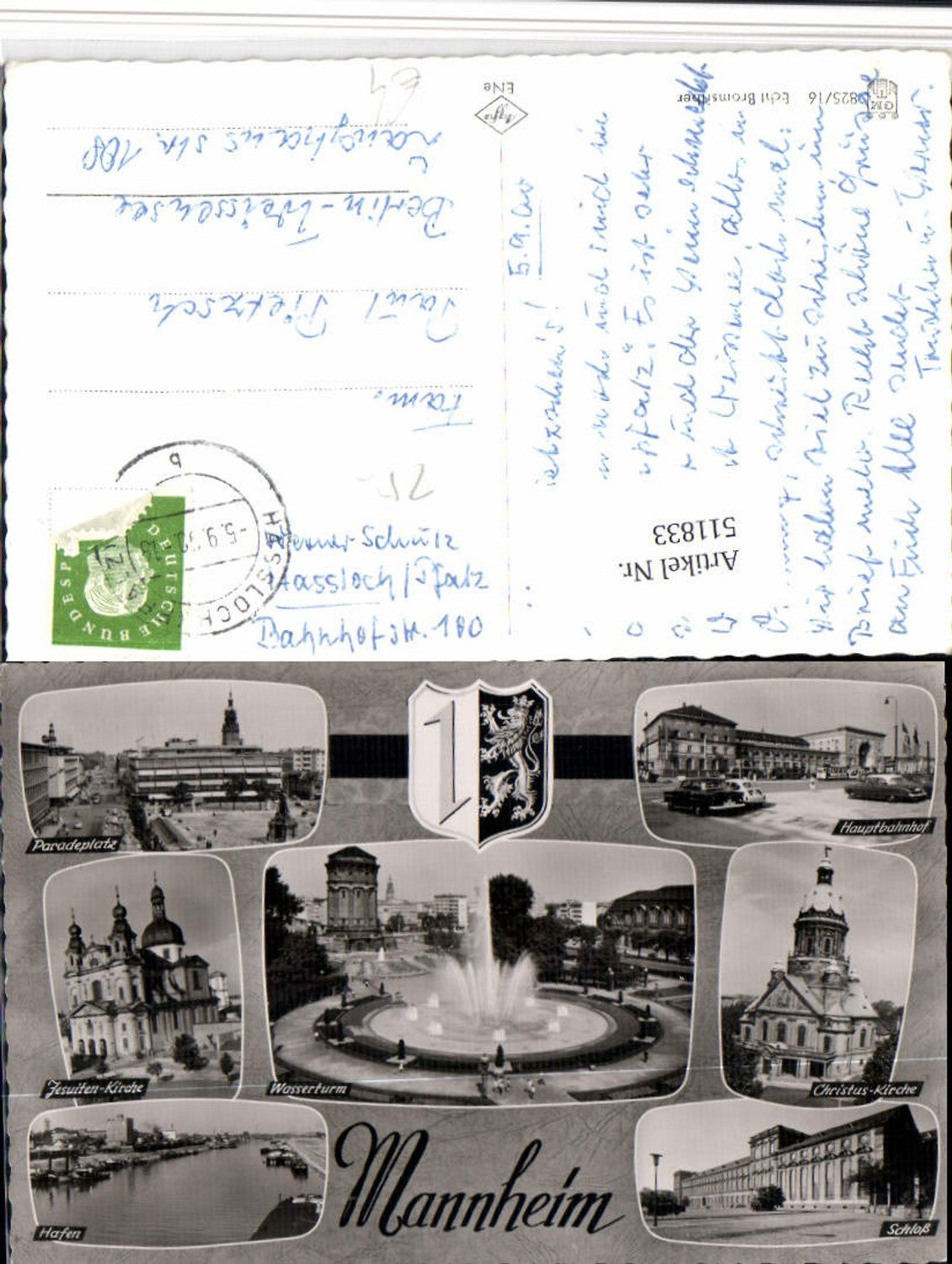 511833,Mannheim Bahnhof Wasserturm Kirche Hafen Schloss Mehrbildkarte