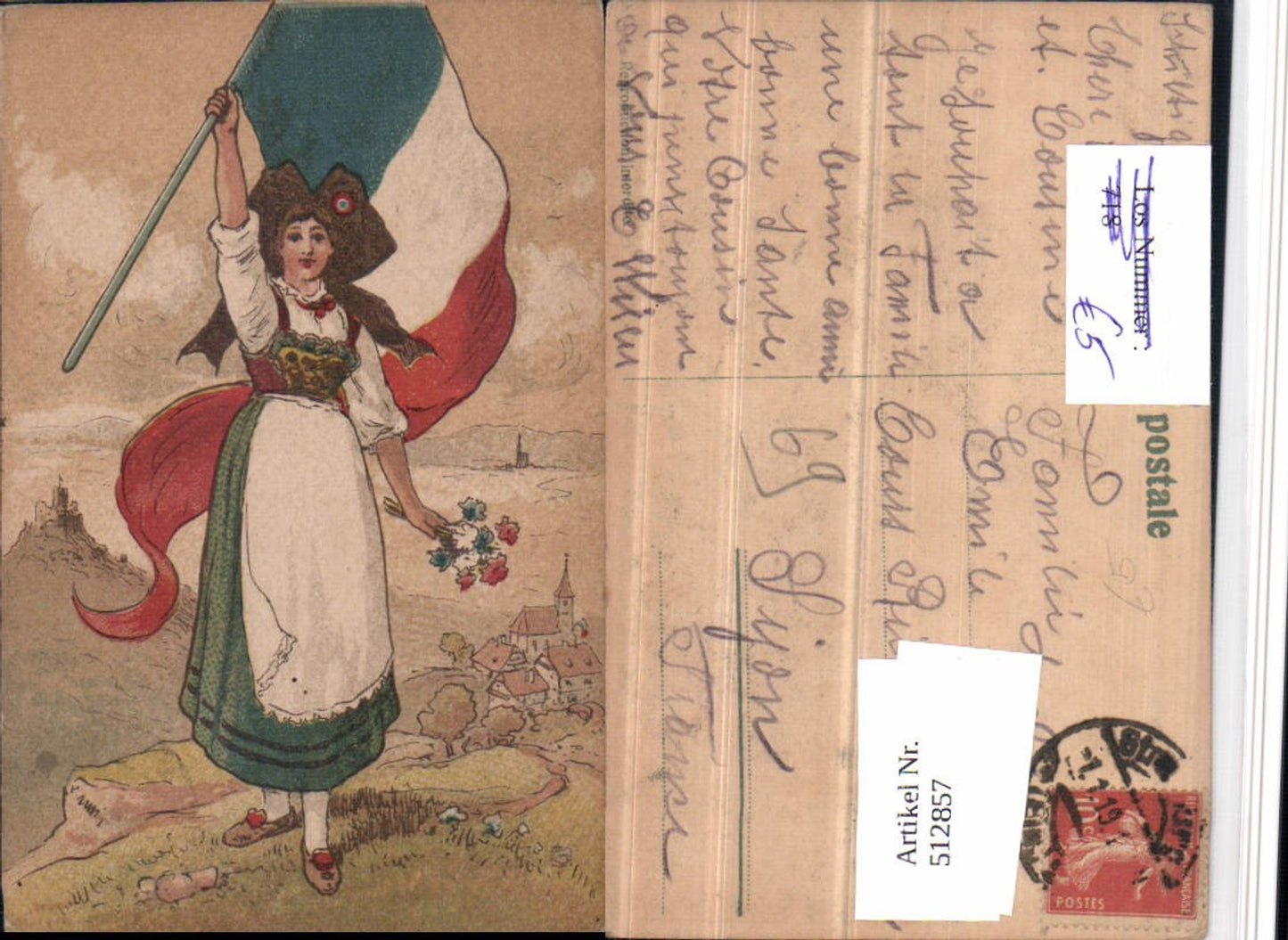 512857,Künstler AK Frau Tracht Fahne Flagge Blumen