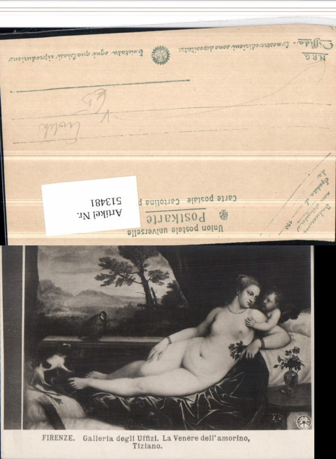 513481,Künstler AK Tiziano La Venere dell amorino Frau Erotik Akt Amor pub NPG