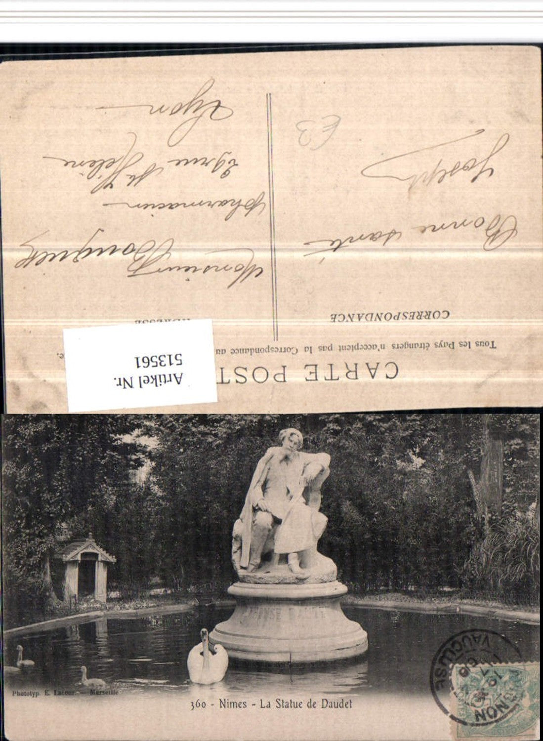 513561,Nimes La Statue de Daudet Denkmal Schwan