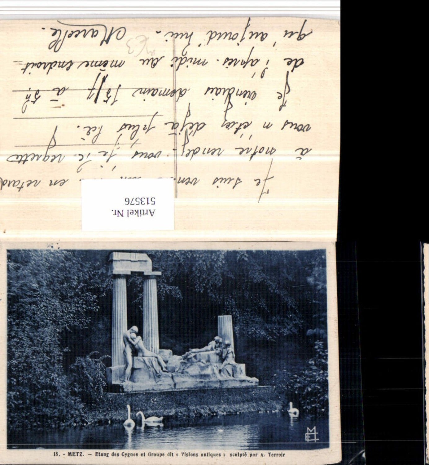 513576,Metz Etang des Cygnes et Groupe Visions antiques Statuen