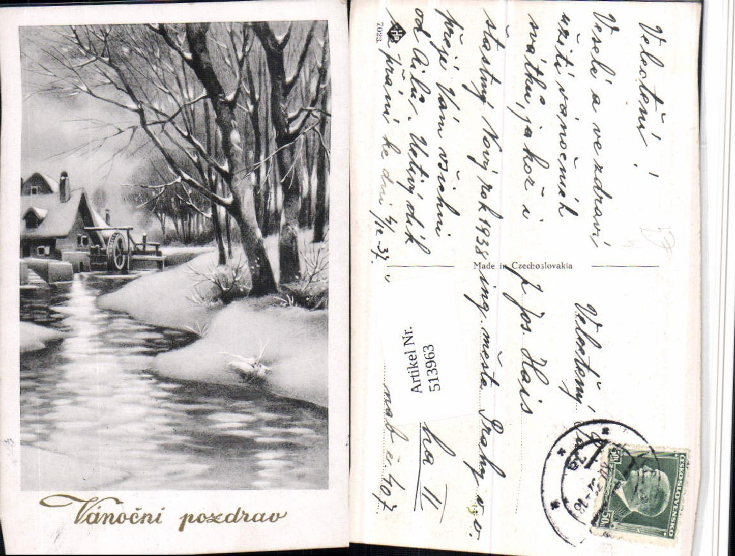 513963,Künstler AK Vanocni pozdrav Wassermühle Mühle Winterbild