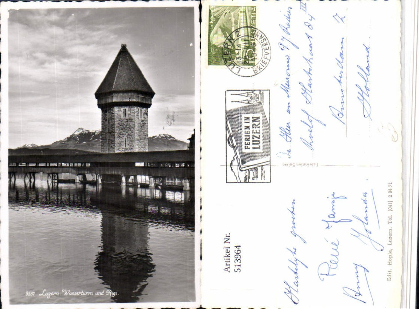 513964,Luzern Wasserturm Turm u. Rigi Brücke Bergkulisse