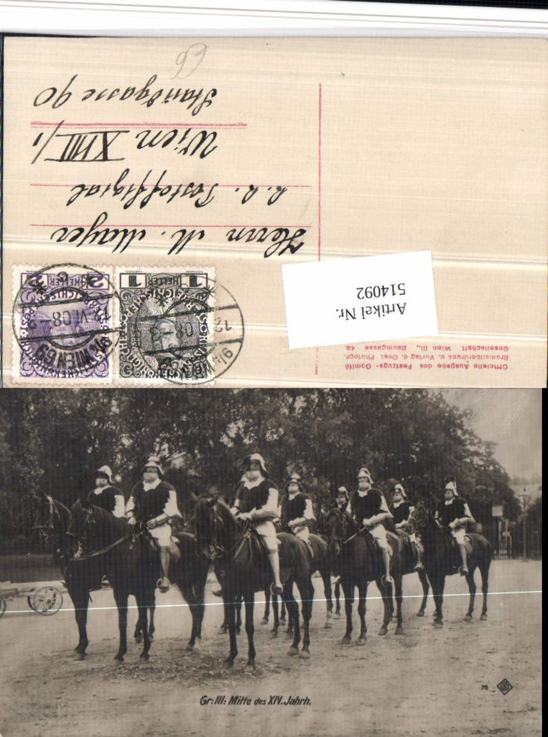 514092,Wien 1908 Mitte des XIV Jahrhundert Ritter Pferde Monarchie