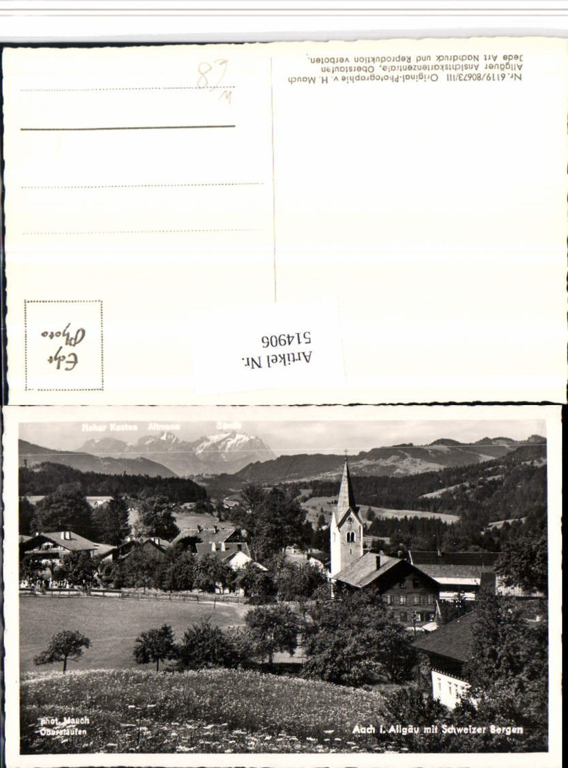 514906,Aach im Allgäu Teilansicht Kirche m. Schweizer Berge Bergkulisse
