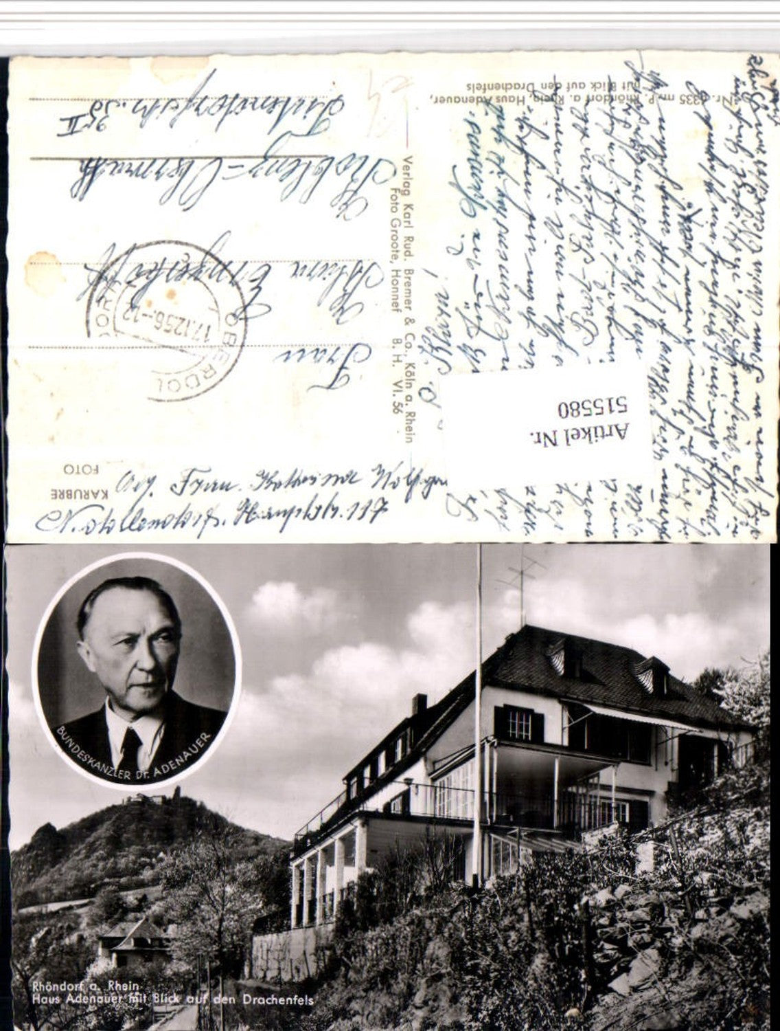 515580,Rhöndorf am Rhein Haus Adenauer m. Drachenfels Portrait Bundeskanzler