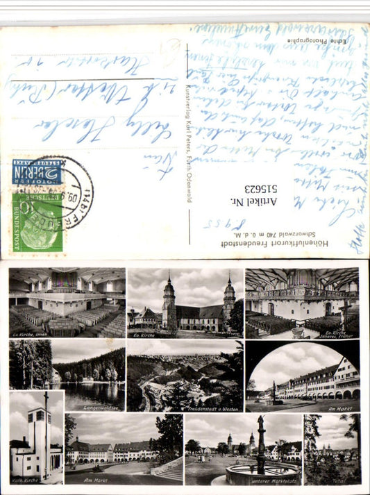 515623, Freudenstadt in the Black Forest, overall view of the church, market square, fountain, multi-view postcard