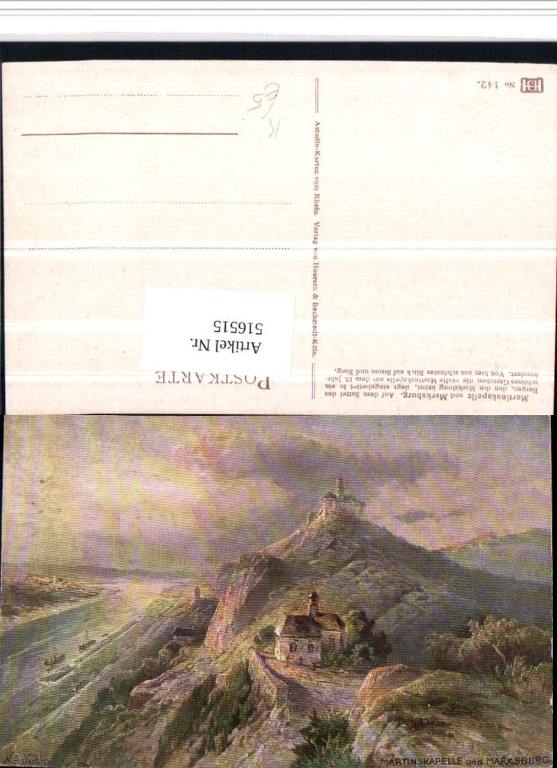 516515,Künstler AK Astudin Martinskapelle u. Marksburg b. Braubach am Rhein