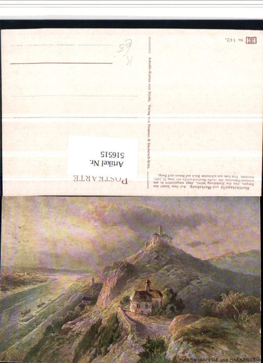 516515,Künstler AK Astudin Martinskapelle u. Marksburg b. Braubach am Rhein