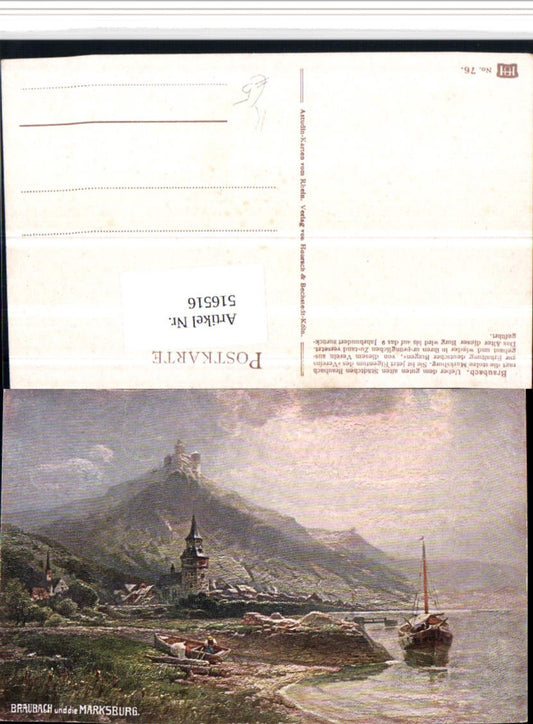516516,Künstler AK Astudin Braubach am Rhein Totale m. Marksburg Boot