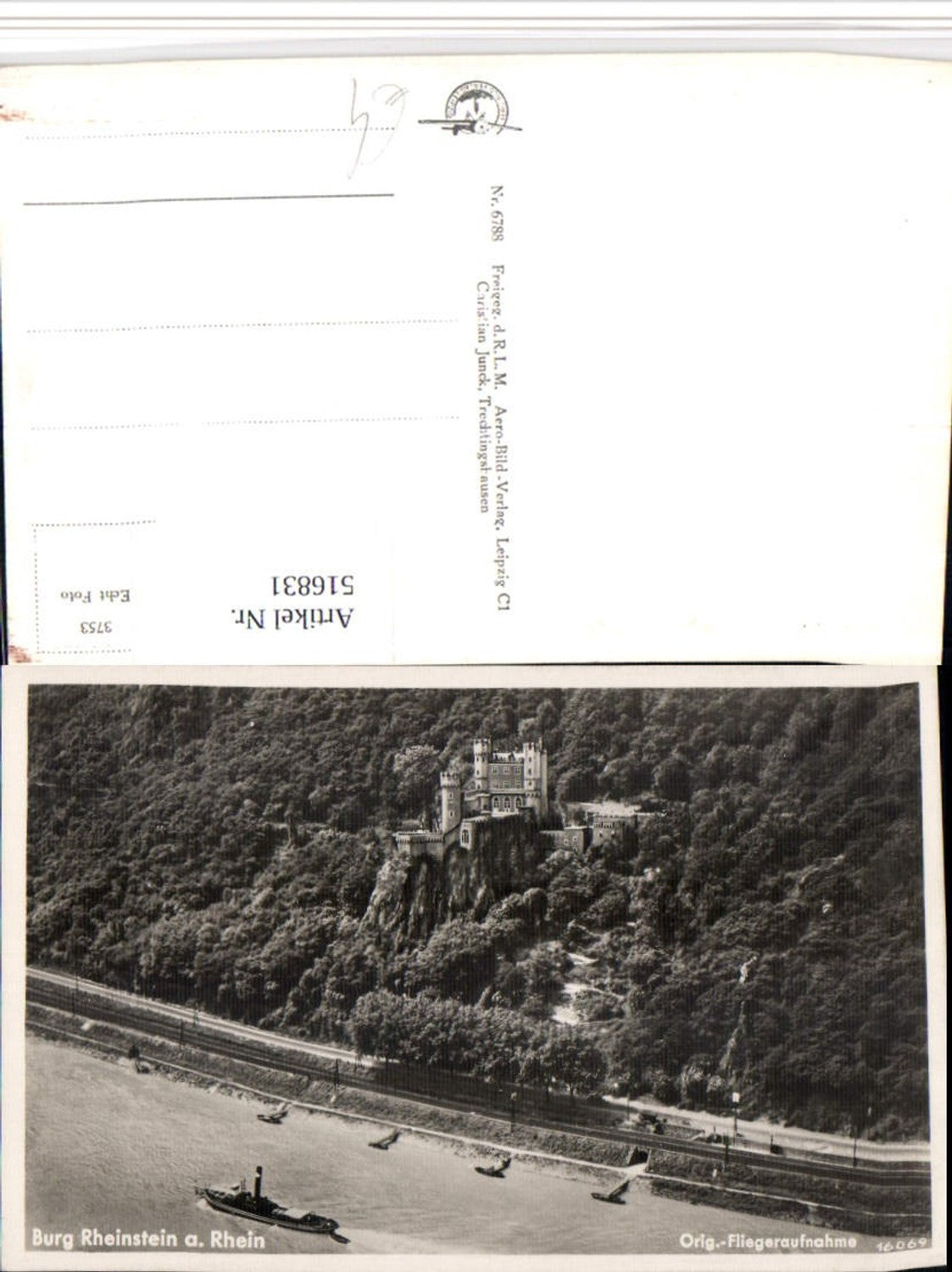 516831,Burg Rheinstein am Rhein b. Trechtingshausen Dampfer Fliegeraufnahme